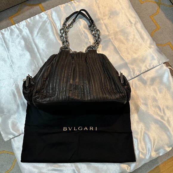 Auth Vintage Bvlgari Dark Chocolate Brown Pleated Leather Handbag - Picture 2 of 15